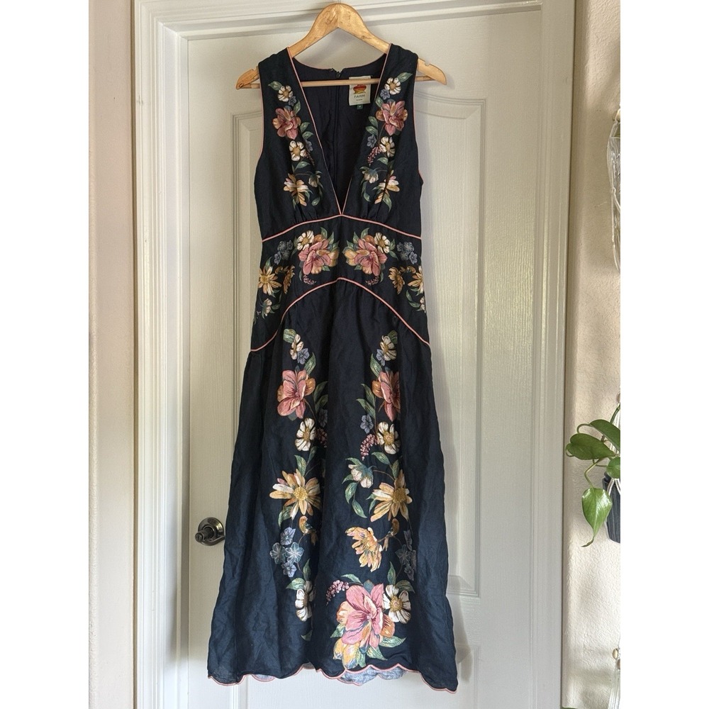 FARM RIO Maira Floral Linen Plunge Maxi Dress Women's Size M Navy Blue - Picture 6 of 16